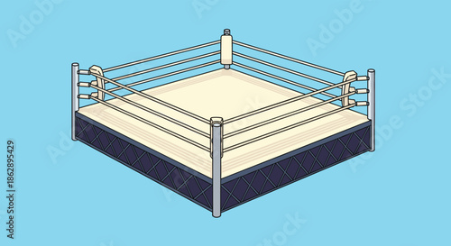 Empty professional boxing ring with ropes and padded corners set against blue background ready for sports match.