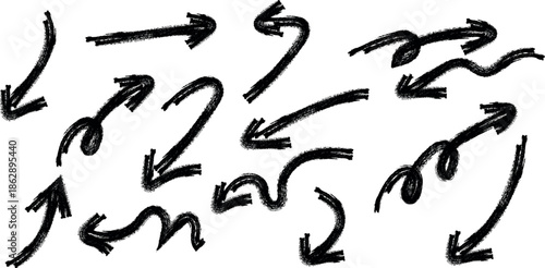 A collection of black arrows pointing in various directions on a white background