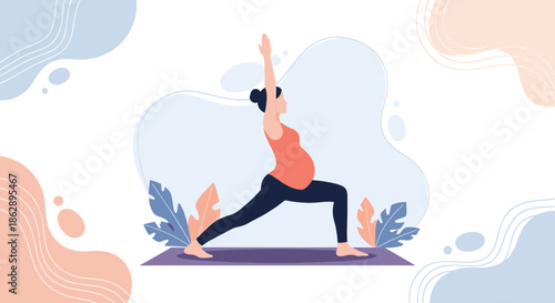 Healthy pregnant woman practicing yoga on mat with raised arms to maintain physical fitness during her pregnancy.