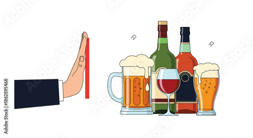 Human hand making stop gesture toward various bottles of alcoholic beverages like beer and wine for better sobriety.