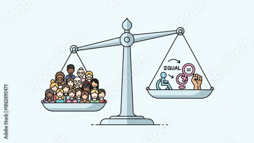 Diverse group of people on one side of a scale balanced by equality and justice symbols on the other side with diversity and inclusion and scales