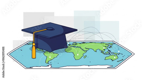 Graduation cap on a world map with dotted lines symbolizing global education and learning opportunities with international studies and overseas education