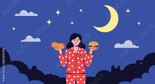 Woman in red polka dot pajamas holding hot dog and burger under moonlit night sky for late night snacking habits.