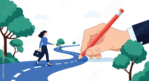 Giant hand drawing a blue winding road with pencil as a woman with briefcase walks toward her future career goals.