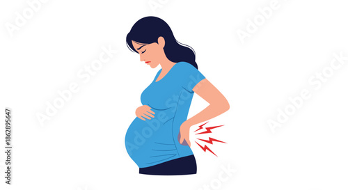 Pregnant woman in blue shirt holding her lower back with expression of pain and extreme discomfort during pregnancy.