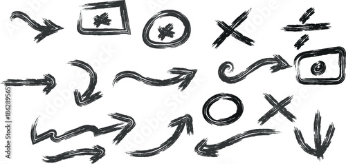 Hand drawn arrows and tic tac toe symbols on white background