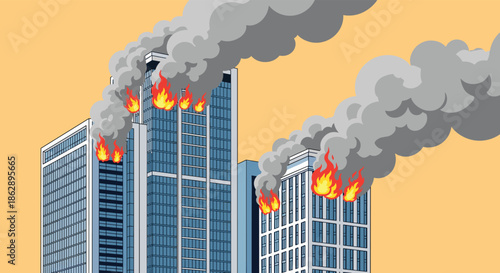 Multiple modern city skyscrapers engulfed in fire with thick grey smoke clouds billowing high into the yellow sky.
