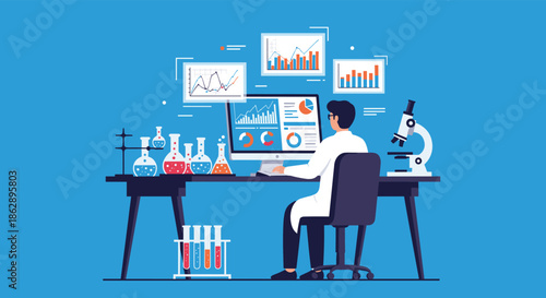 Scientist analyzes complex data on a computer screen while working in a modern laboratory filled with chemical glassware and tools.