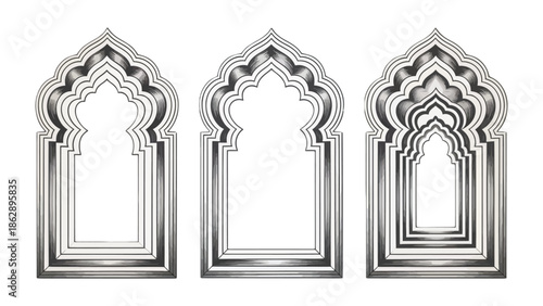 Intricate Archway Design: A set of detailed, elegant archways, designed with ornate patterns and a sophisticated aesthetic. Each archway, framed within a silver outline.