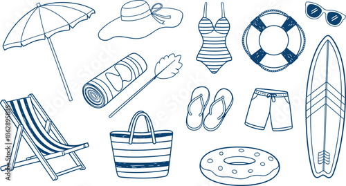Summer beach vacation hand drawn illustration set with umbrella swimsuit surfboard accessories holiday travel vector doodle collection design