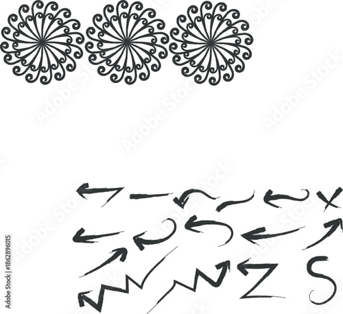 Hand drawn arrows and abstract shapes on a white background