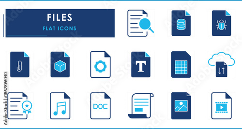 A set of flat icons related to various Files. Extension, bugs, attachment, music, upload, download, verified, system, and so on.