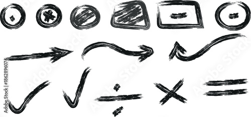 Hand drawn mathematical symbols and shapes on a white background