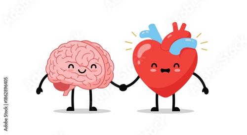 Adorable cartoon brain and heart holding hands with happy faces symbolizing a perfect balance between logic and emotion.
