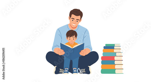 Joyful father sitting cross-legged on the floor reading a blue book to his young son with a stack of books nearby.