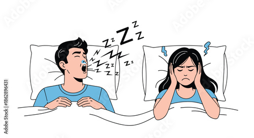 Frustrated woman covers her ears with a pillow while her partner snores loudly in bed, depicting common sleep disturbance issues.