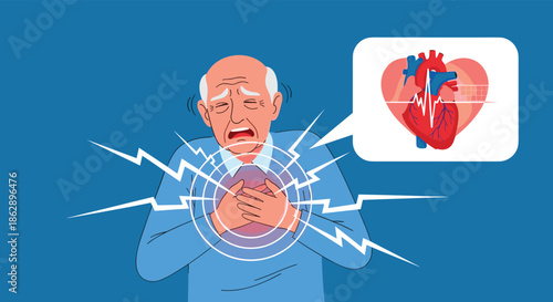 Elderly man clutching his chest in pain while experiencing a heart attack indicated by an anatomical heart symbol.
