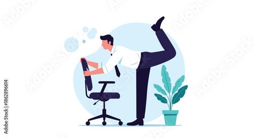 Office worker performing yoga leg stretch at desk using chair for balance to promote physical wellness during work.