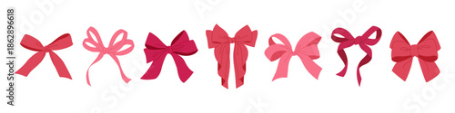 Set of red and pink ribbon bows. Festive decorative element. Girl accessory. Hand drawn vector illustration isolated on white background, modern flat cartoon style.