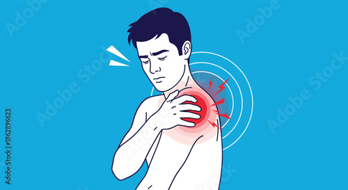 Young man holding painful shoulder with red ache zone and radiating lines indicating muscle strain or joint injury.