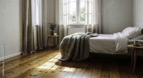 Cozy and Minimalist Bedroom with Natural Sunlight, White Linen Bed, Knitted Throw, Wooden Floor, and Sheer Curtains, Creating a Serene and Inviting Home Interior