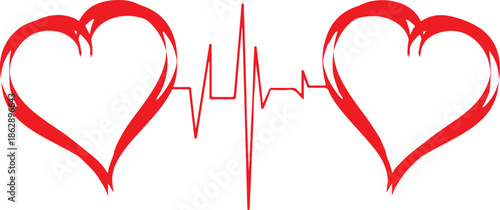 Two red hearts connected by a stylized electrocardiogram heartbeat line