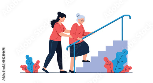 Kind young woman assisting elderly lady climbing stairs with railing support representing care and social support.