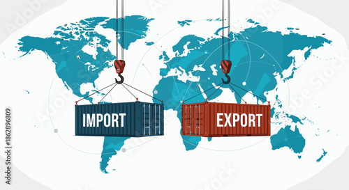 World map with shipping containers labeled import and export being lifted by cranes for international trade and logistics.