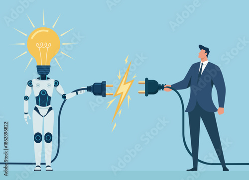 Human and AI powering innovation by connecting ideas and technology, Artificial Intelligence, Human Collaboration, Innovation Spark, Power Connection, Future Technology