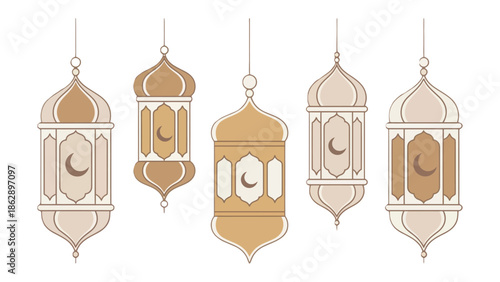 Ornamental Lanterns: A collection of decorative lanterns, each intricately designed, hang gracefully against a minimalist backdrop, evoking a sense of tranquility.