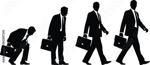 Silhouettes of businessperson evolution with briefcase, black figures, career posture, white background, professional growth and success illustration