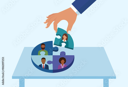 Hand Placing Final Puzzle Piece into Diverse Team Circle on Desk, Symbolizing Collaboration, Recruitment, and Unity, Team Collaboration, Recruitment & Hiring, Diversity & Inclusion