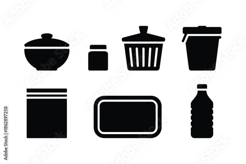 Various kitchen containers and packaging shapes are shown as simplified.