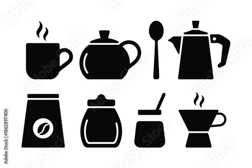 Black silhouette icons represent coffee brewing equipment and various.