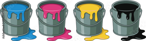 Colorful paint bucket illustration set with dripping blue pink yellow black paint cans vector design isolated white background studio art