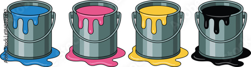 Color paint bucket set illustration with dripping blue pink yellow black paint cans vector design isolated on white backgroundColor paint bucket set illustration 