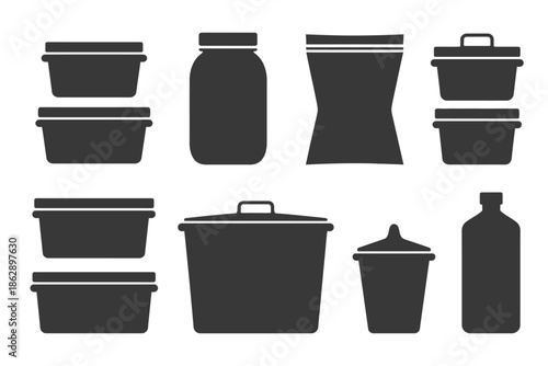 Set of dark food storage containers, jars, and bottles signifies kitchen.