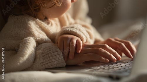 Close-up of a mother’s hands typing on a laptop while holding her child during a cozy evening at home.