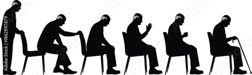 Silhouettes of elderly person sitting sequence, black figures, mobility posture, white background, aging and physical therapy illustration