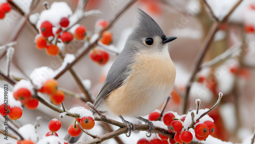 Tufted titmouse perched on berry branch in winter. Winter wildlife concept.
