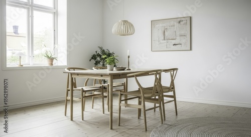 Bright and Minimalist Scandinavian Dining Room with Light Wood Furniture, Potted Plants, and Natural Light
