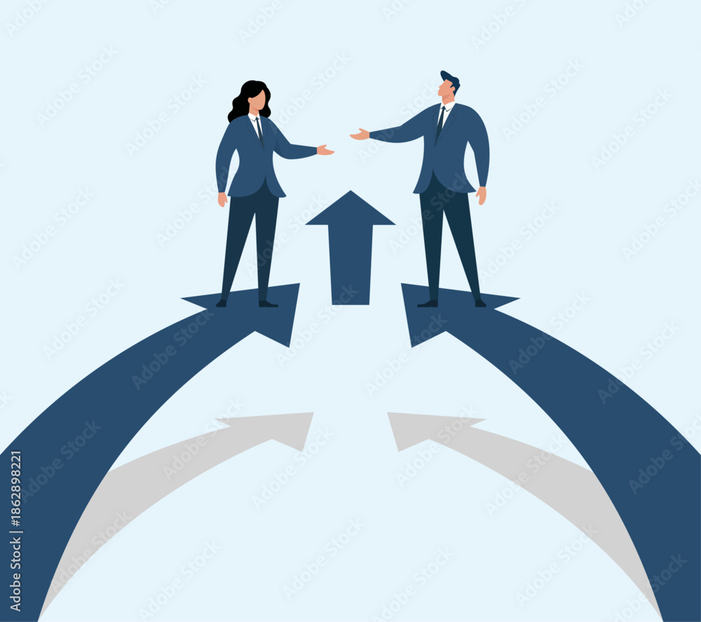 Obraz premium Business collaboration crossroads with two professionals meeting on diverging paths, Partnership building, Teamwork handshake, Strategic alignment, Decision making, Leadership direction
