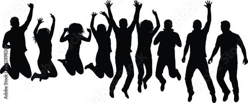 Silhouettes of group jumping with raised arms, black figures, expressive gesture, white background, celebration and unity illustration
