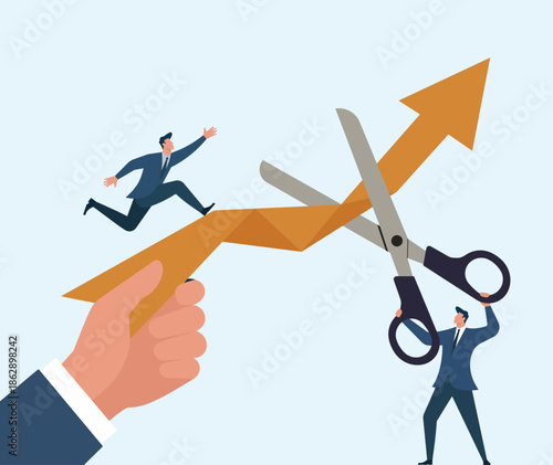 Business growth strategy disrupted as scissors cut a rising arrow paper plane while entrepreneurs chase success, Risk Management, Business Disruption, Strategy Adjustment, Competitive Pressure
