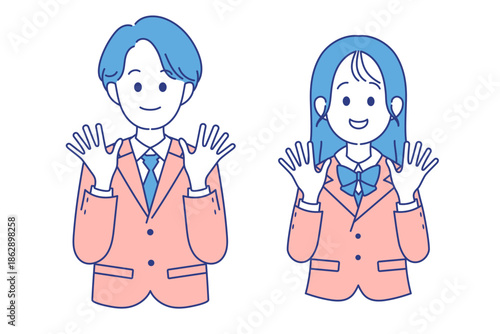 学生男女　手を振るポーズ