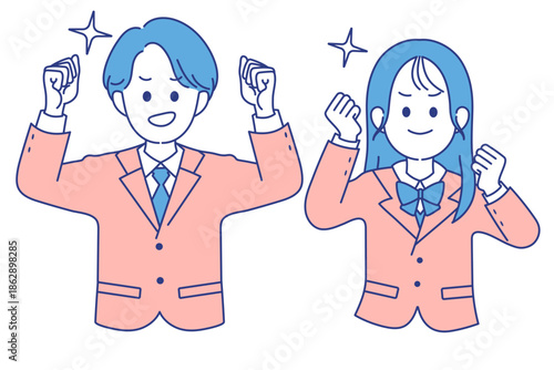 学生男女　やる気ポーズ