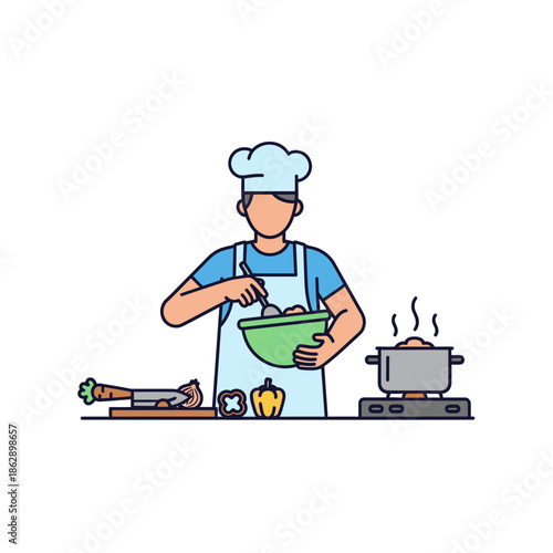 Chef preparing food in the kitchen illustration.