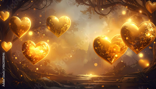 Wallpaper Mural Golden 3D hearts floating in enchanted forest at sunset, romantic luxury valentine concept. Torontodigital.ca