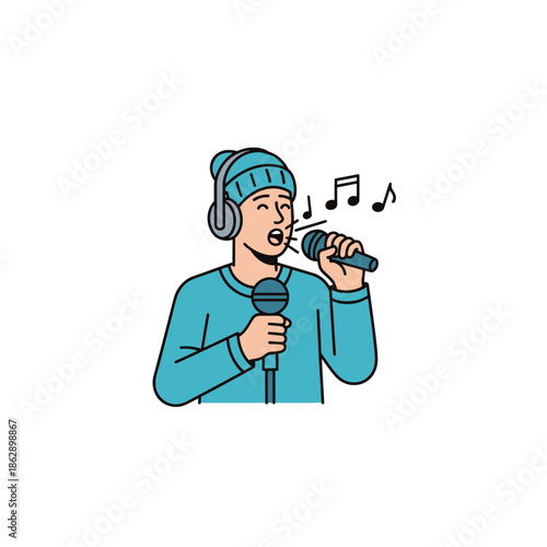 Man singing with two microphones and headphones.
