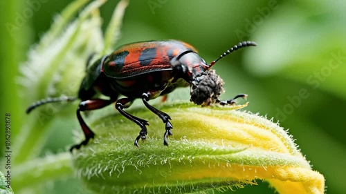 Captivating macro view of a striking iridescent beetle possibly a leaf beetle displaying its vibrant red black and green patterned shell while meticulously perched on a fuzzy green plant stem with a .